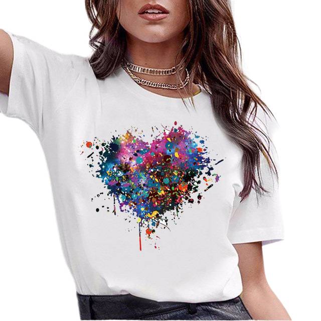 Latest Design Women Short Sleeve Graphic Tees Tops Sweet Heart Pattern Print Harajuku White T-shirts